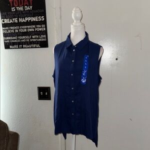 Fever Blue Sleeveless Sequin Button Down Blouse
